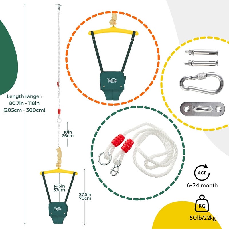 FUNLIO Baby Jumper with a Ceiling Hook for 6-24 Months, Baby Door Jumper for Indoor/Outdoor Play, Infant Jumper Doorway with Adjustable Chain, Easy to Assemble & Store (with a Ceiling Hook) - Green - Image 5